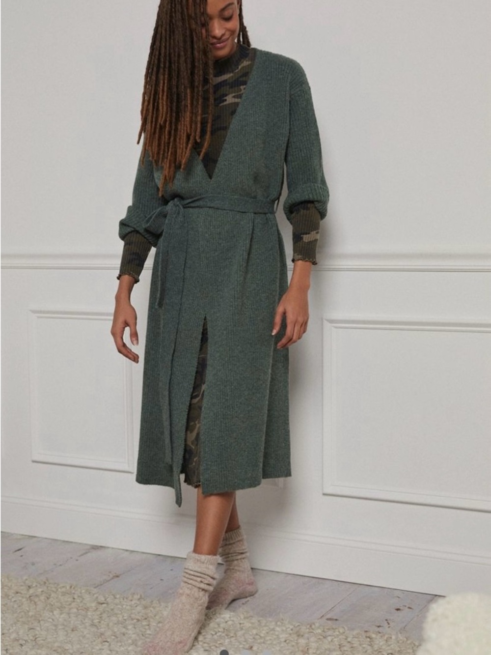 Anthropologie Olive Green Long Knit Wrap Cardigan